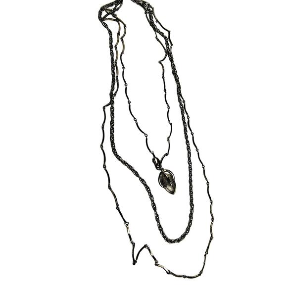 Silver Layered Multi-chain Leaf Pendant Chain Link Necklace Victorian Style - Picture 2 of 6